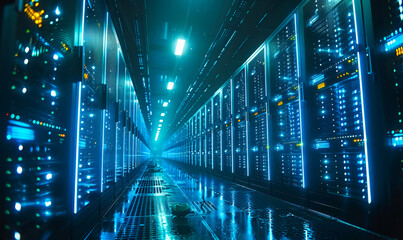 Poster - Futuristic Data Center Server Room with Neon Lights and Data Streams Visualization