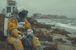 Astronaut sitting on a beach with space debris