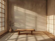 A tranquil minimalist room, the sun casting a calm glow through a large window, inviting contemplation and peace