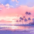 Ultimate Beach Getaway: Relaxing Watercolor Sunrise with Palm Trees and Serene Ocean Vistas