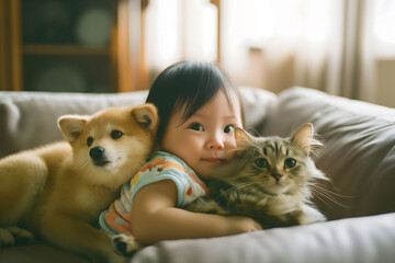 Cute baby toddler peacefully sleeping protected by domestic cat and dog at home apartment.