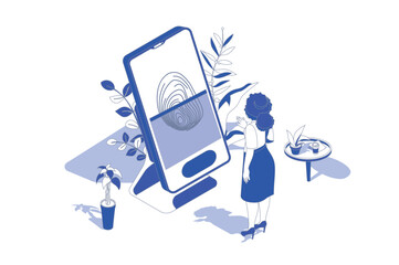 Fototapete - Biometric control 3d isometric concept in isometry graphic design for web. People scene with woman logins to online account or unblock mobile phone with fingerprint identity. Vector illustration.