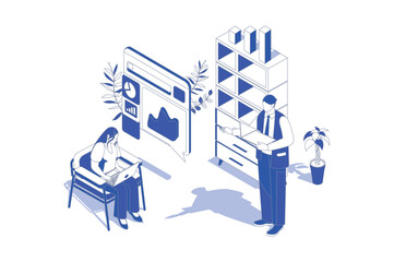 Poster - Business statistic 3d isometric concept in isometry graphic design for web. People scene with colleagues work with data charts and graphs, calculating and make financial report. Vector illustration.