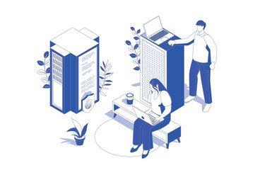 Fototapete - Data center 3d isometric concept in isometry graphic design for web. People scene with engineers work at server tech support, maintain infrastructure, monitoring security system. Vector illustration.
