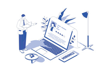 Poster - HR process 3d isometric concept in isometry graphic design for web. People scene with manager searching best candidates with online cv, make job offer and interviewing to staff. Vector illustration.