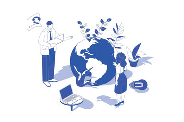 Poster - Global business 3d isometric concept in isometry graphic design for web. People scene with colleagues team developing international company with remote workers and freelancers. Vector illustration.