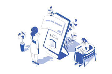 Aufkleber - Mobile banking 3d isometric concept in isometry graphic design for web. People scene with clients using bank services and finance account in app, making payment with credit card. Vector illustration.