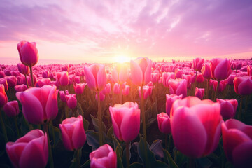 Wall Mural - Pink Tulip Field With Sun Background