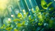 Many green plants in test tubes. Biotechnology, Science of Genetic Engineering. Genetically modified sprouts in laboratory. Generative ai