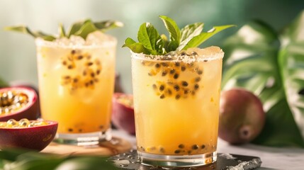 Canvas Print - Indulge in the tropical charm of a passionfruit cocktail the quintessential summer party drink Served ice cold against a light backdrop this refreshing beverage leaves space for your person