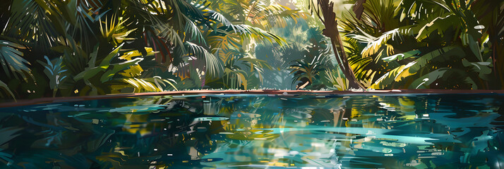Wall Mural - A serene pool, encircled by palm trees Sunlight filters through the foliage beyond the water's surface