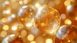   A tight shot of multiple bubbles drifting in mid-air against a hazy backdrop of gold and white