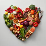 Fototapeta  - Zdrowa, zrównoważona dieta, składniki odżywcze, piramida żywieniowa. Serce z produktów spożywczych 