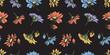 Floral, seamless pattern,camomiles, hand drawn,textured, flowers,flower head,silhouette, daisy, leaves,yellow, blue,orange,lilac, vector, black background, fabric,textile
