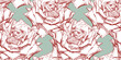 Roses flower heads, petals, blossom, white red, sketch, contour drawing, seamless pattern, vector background, textile,paper, fabric