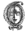 Vintage venetian carnival female mask, masquerade,face,black and white sketch,vector hand drawing isolated on white