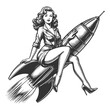 retro pin-up girl with wavy hair, confidently riding a classic rocket sketch engraving generative ai fictional character vector illustration. Scratch board imitation. Black and white image.