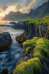 Canvas Print - A rugged coastline with green moss and a turbulent sea