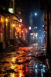 b'A deserted street with debris and rain'
