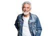 Portrait studio smiling mature man wear jeans jacket and white shirt posing with smart look, isolated on transparent png background.