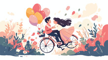 Two Lovers Flying On A Tandem Bike With Balloons. 2