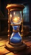 b'Fantasy hourglass with blue glowing liquid'