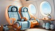 b'The interior of a modern airplane cabin with snowman decorations'