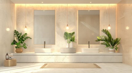 A bathroom with two sinks and two mirrors. There are potted plants in the bathroom, one on the left and one on the right