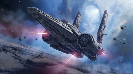 b'A spaceship is flying in space and there are rocks and an explosion in the background'