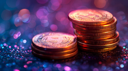 Wall Mural - Stack of coins on a blurred background