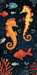 Wall Mural - Two orange seahorses and tropical fish swim in a coral reef