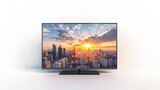 Fototapeta Uliczki - This is an image of a TCL 4-Series 4K UHD Roku Smart TV. It has a picture of a bridge over a river with mountains in the background.