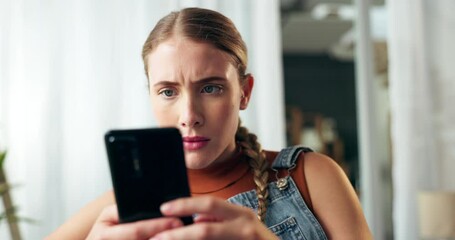 Poster - Woman, phone and confused in home for texting, reading and annoyed with contact in living room. Girl, smartphone and thinking with doubt for web chat in lounge on mobile app for social media at house