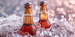 A cold beer bottle with condensation sits in bucket with ice, inviting refreshment.