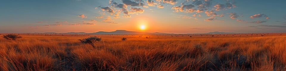  A scenic rural landscape with golden fields at sunset, showcasing agriculture and nature.