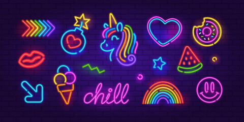 Wall Mural - Perfect Neon Sign set 4 on brick wall background. Editable neon icons set of Ranbow, Unicorn, Pop Art, sign, Ice Cream, Arrow, etc. Neon night sign, a glowing light banner, emblem for club or bar