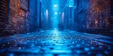 Fototapeta Fototapeta uliczki - A haunting urban night with a dimly lit, narrow street with rain-slicked pavement.