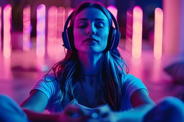 Wall Mural - Woman with headphones in neon light, eyes closed in relaxation