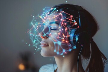 Wall Mural - Woman experiencing VR with glowing neural network overlay on face
