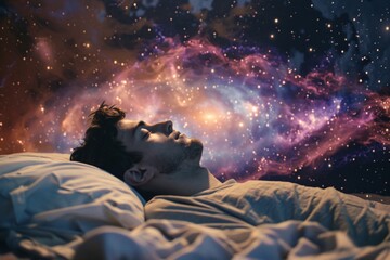 Wall Mural - man in bed with cosmic nebula above, blending dreams and space in surreal bedroom scene