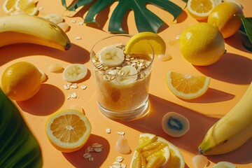Wall Mural - Citrus themed yogurt parfait with banana and oats, surrounded by lemons and bananas on orange surface