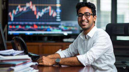 Poster - A man is sitting at a desk with a laptop and a monitor. He is smiling and wearing glasses