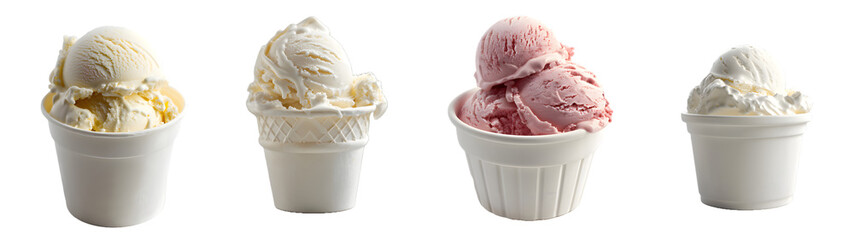 Wall Mural - Variety of Ice Creams in White Cups on White Background, png