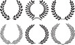 Collection of silhouette of circular laurel wreaths depicting award, achievement.High quality circular foliate laurels branches.Design help for award logo, winner round emblem. 