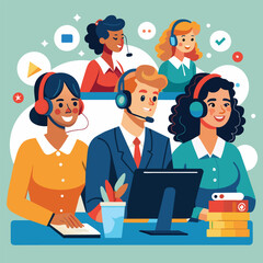 Poster - a group of people sitting together discussing and working on a computer, customer service, hotline o