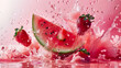 Powerful liquid explosion, Strawberry watermelon, Pink Background, commercial photography, bright environment, studio lighting.