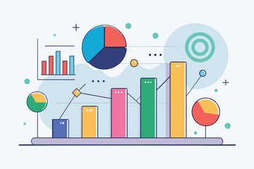 Poster - bar chart with pie chart overlay, data analysis presentation, simple and minimalist flat vector illu