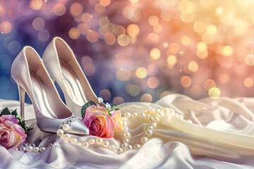 Wall Mural - Bridal shoes adorned with flowers and pearls against a festive wedding background with bokeh