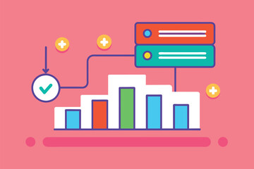 Poster - A bar chart displaying data with a prominent check mark symbol on one of the bars, Data input activity vector, Simple and minimalist flat Vector Illustration