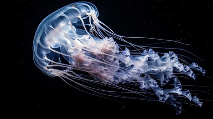 Ethereal Blue Jellyfish Floating in Dark Ocean Depths